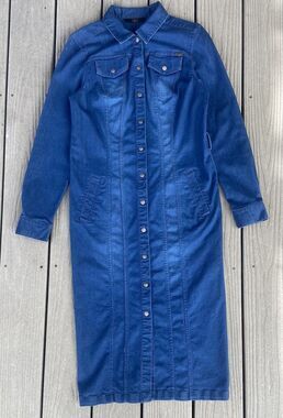 GILI QVC Denim Midi Shirt Dress Sz 8 Long Sleeve Button Down Classic Preppy